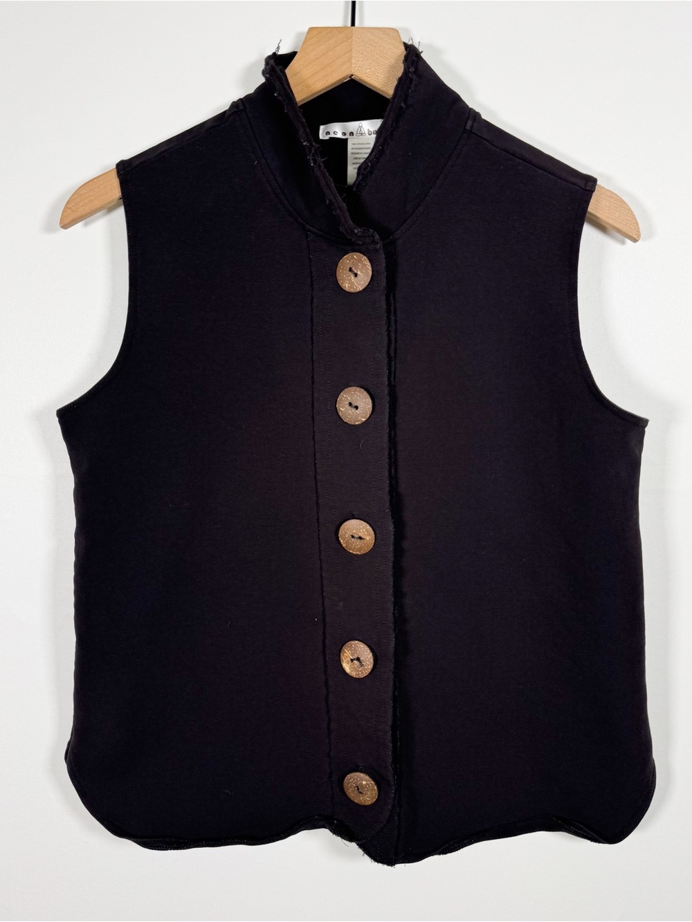 NEON BUDDHA Cotton Raw Seam Wooden Button Front Black Cotton Vest Sz S